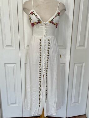 White Embroidered Floral Button-Front Maxi Dress